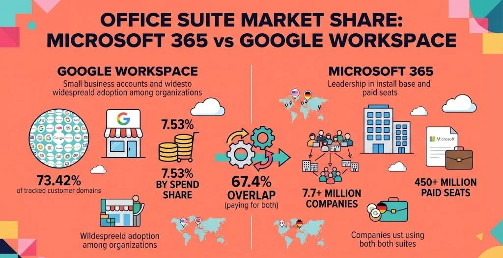 Infographic showing conflicting market share data for Microsoft 365 and Google Workspace