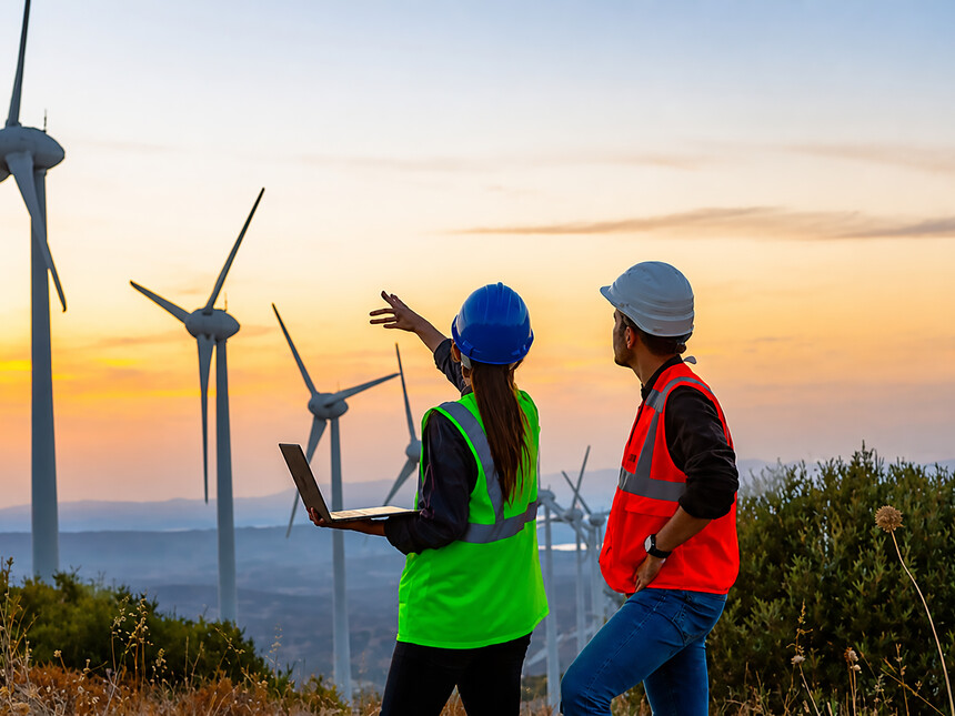 Young engineers inspecting wind turbines at a wind farm at sunset representing clean energy acceleration in 2026