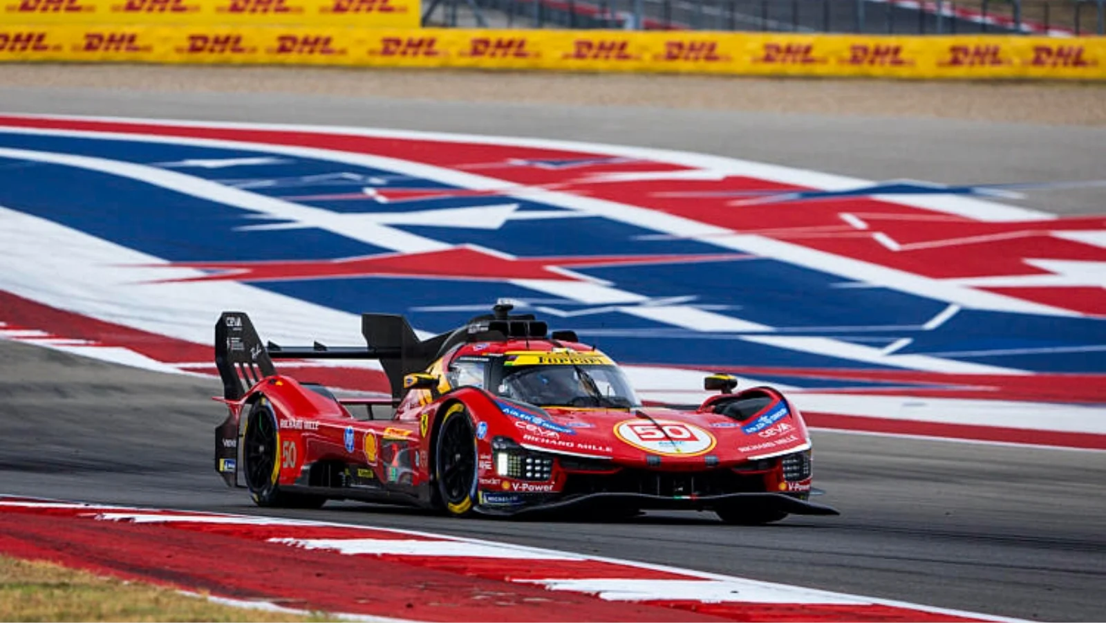 Ferrari AF Corse car crossing the finish line at Lone Star Le Mans