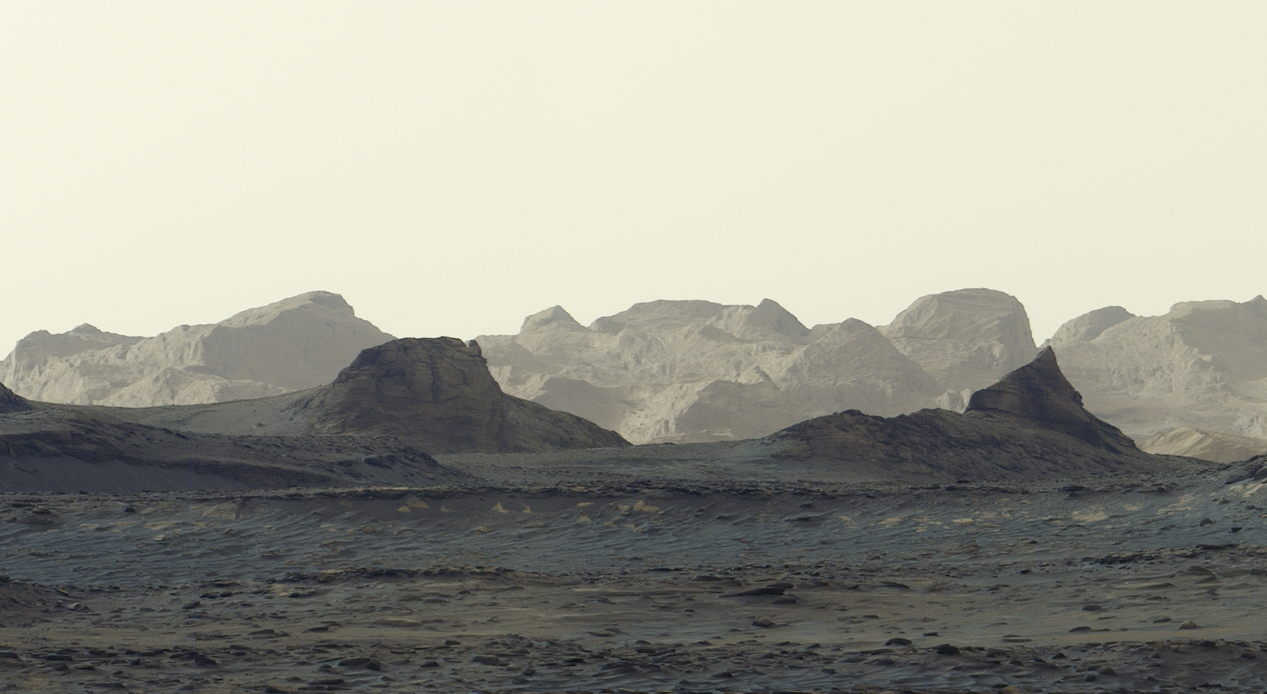 Curiosity rover panorama of wind-carved cliffs at dawn