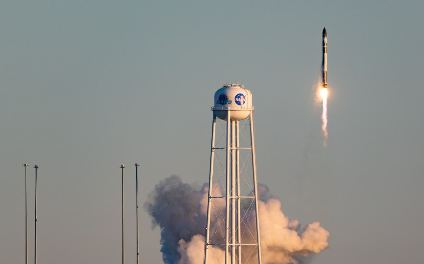 Rocket Lab Electron rocket in launch configuration, with HASTE hypersonic test vehicle markings