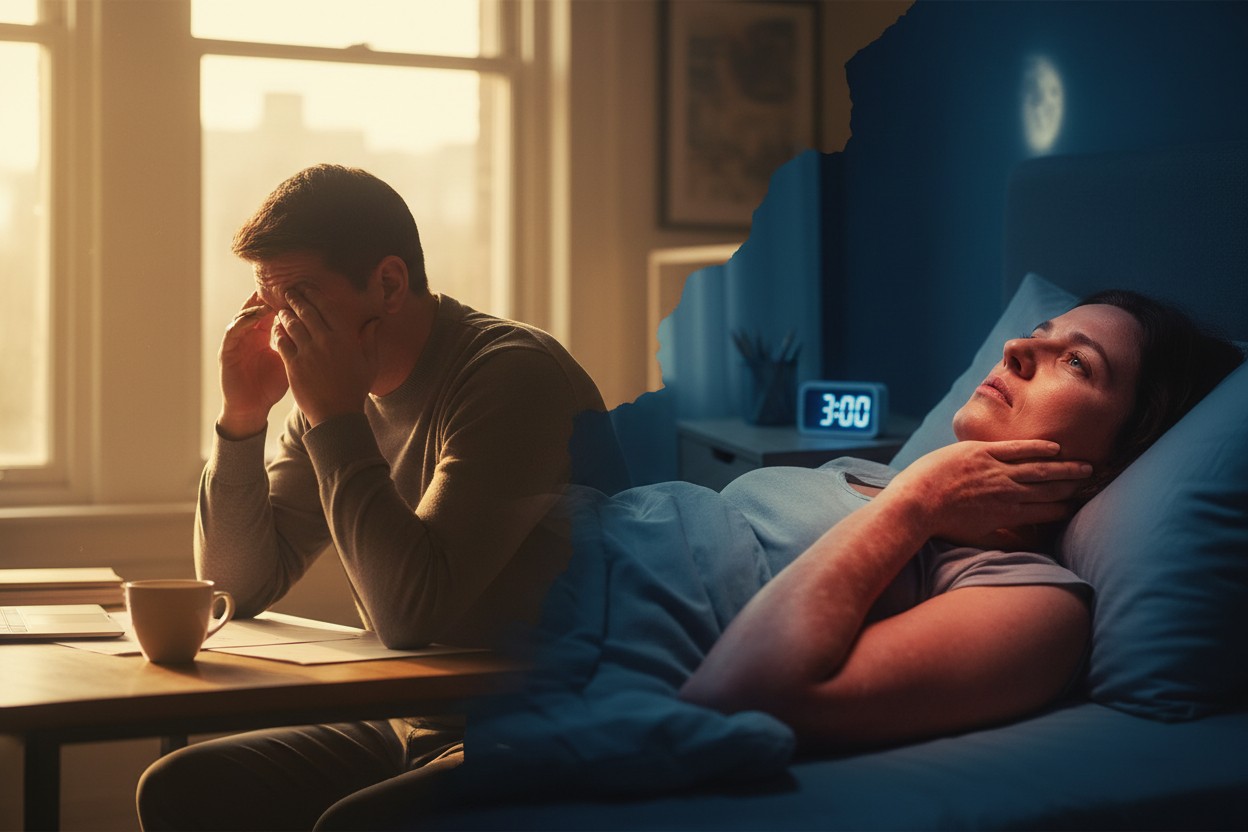 Illustration showing the link between sleep disturbances and physical health issues like psoriasis or hemorrhoids