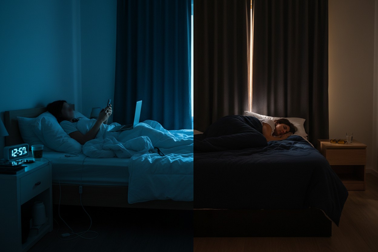 Illustration of sleep quality, circadian rhythm, and blue-light exposure