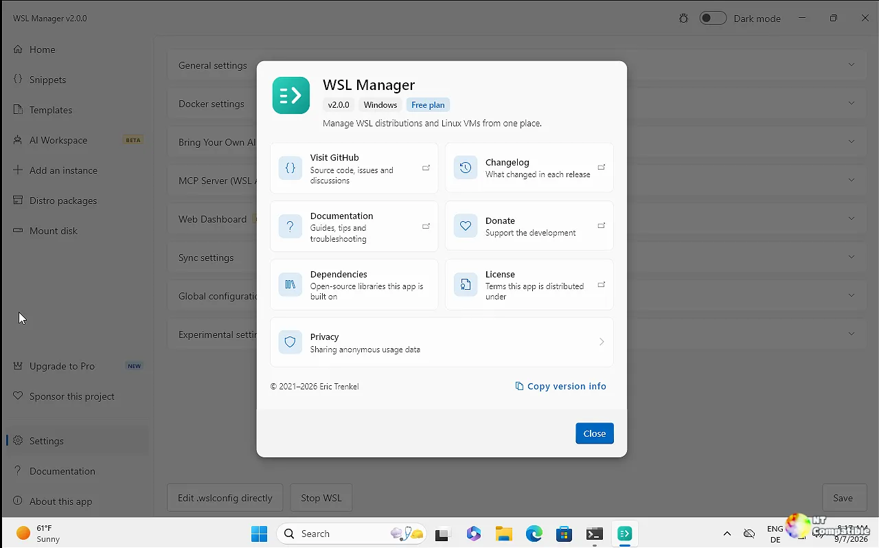 Screenshot of the WSL Manager interface