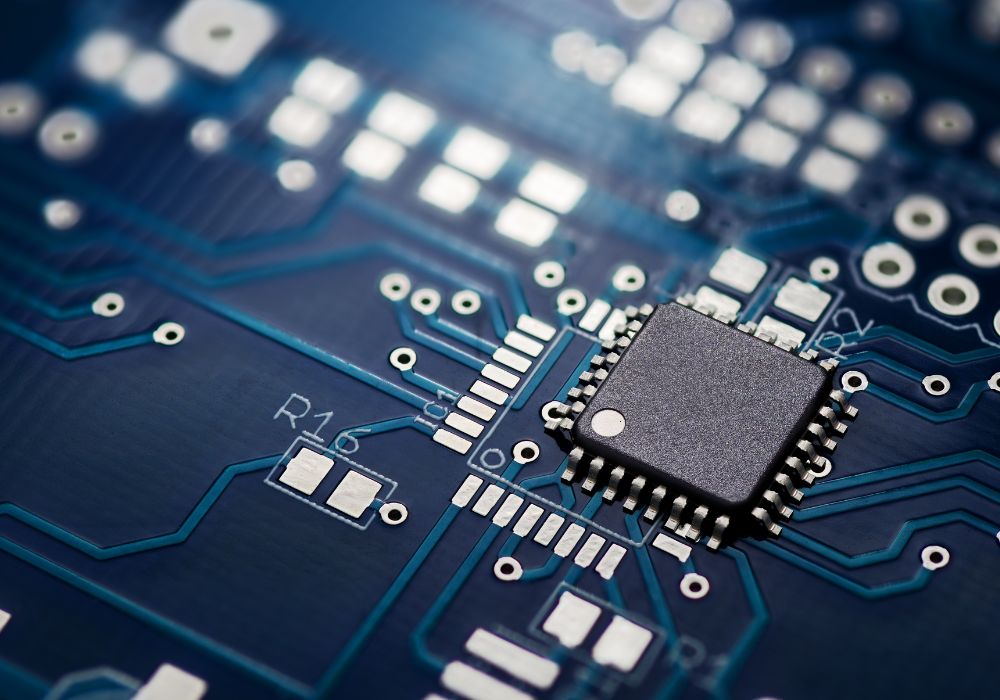 Semiconductor on a blue printed circuit board