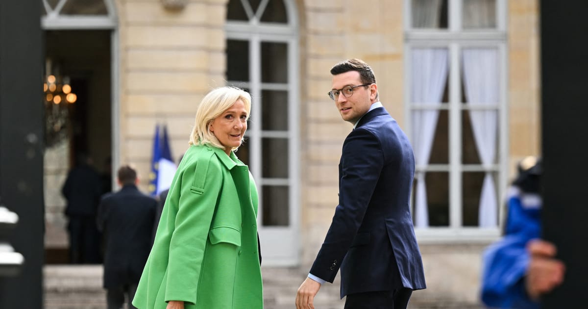 Jordan Bardella and Marine Le Pen at an economic event