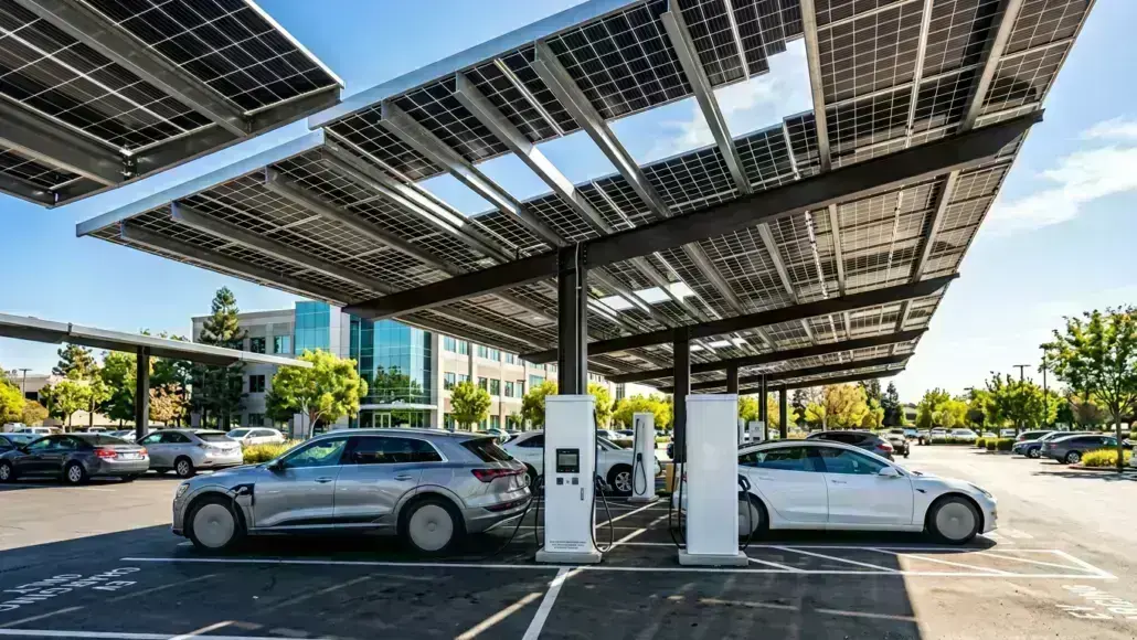 Solar panels powering an EV charging station illustrating clean mobility infrastructure