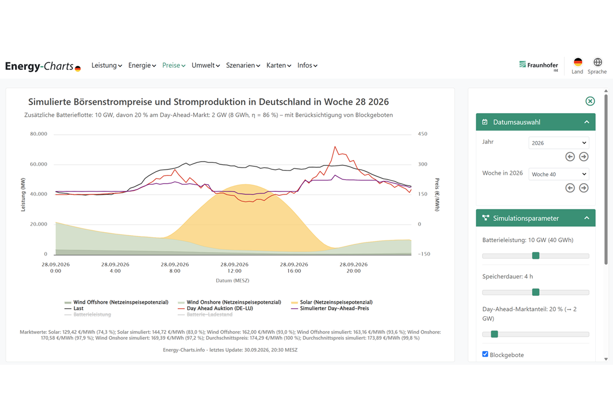 Screenshot of Fraunhofer ISE Energy-Charts battery storage price simulator interface