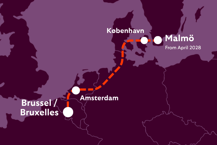 Map or graphic illustrating the planned European Sleeper and RDC route between Belgium, Netherlands, and Sweden