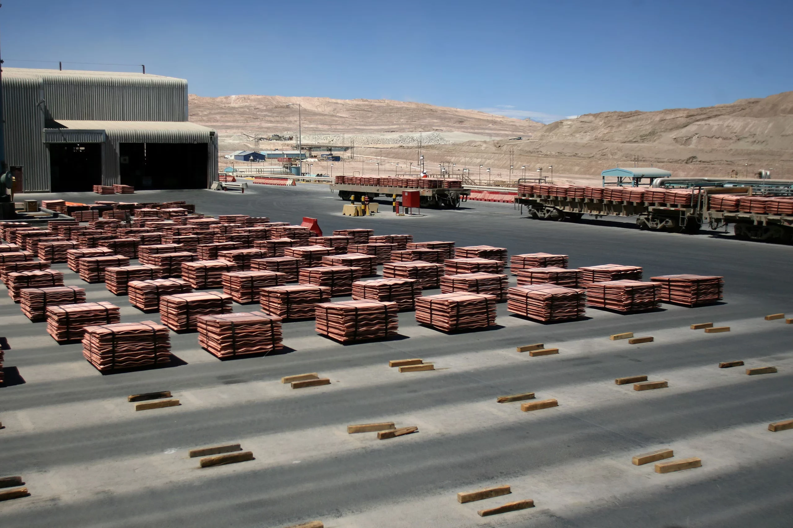 Copper cathodes being loaded onto a train in Chile