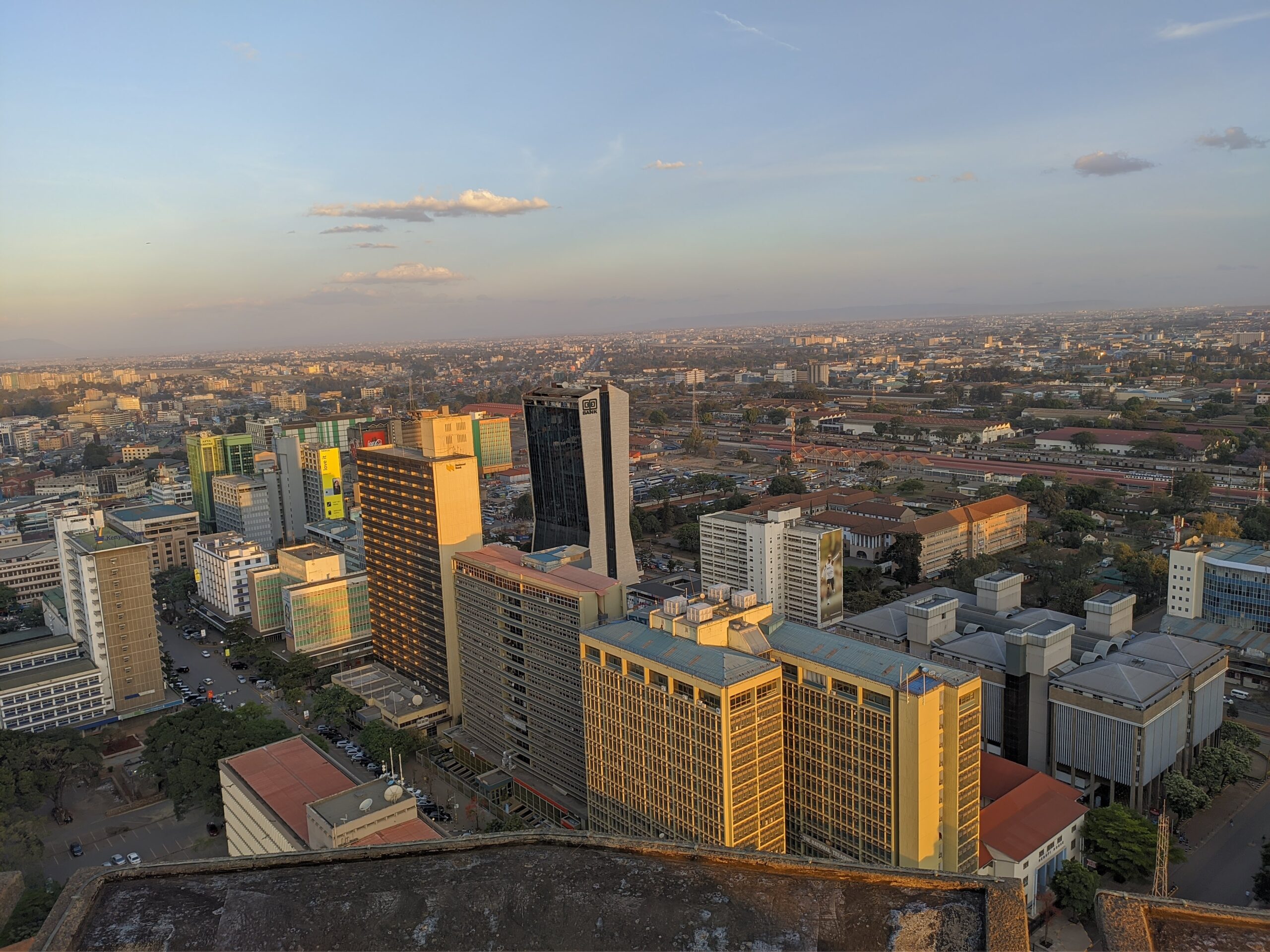 Aerial view of Nairobi city skyline during golden hour