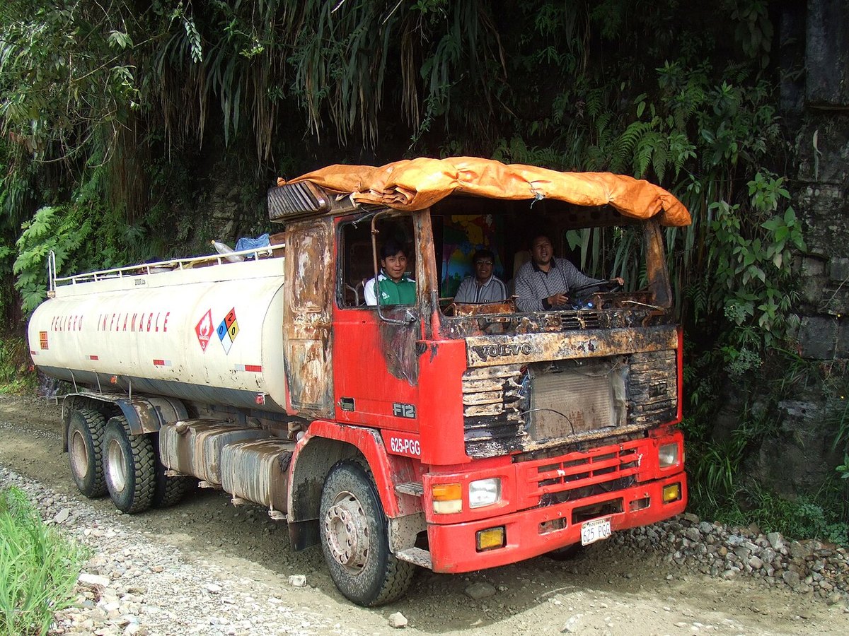 Fuel tanker truck crossing the Yungas road amid Bolivia's diesel dispute