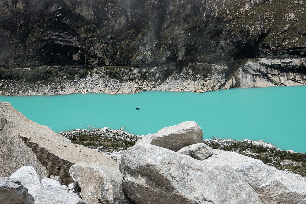 Satellite view of Laguna Parón in Peru, which poses a flood risk to Caraz