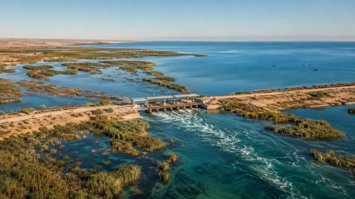 Satellite or landscape view of the North Aral Sea water levels