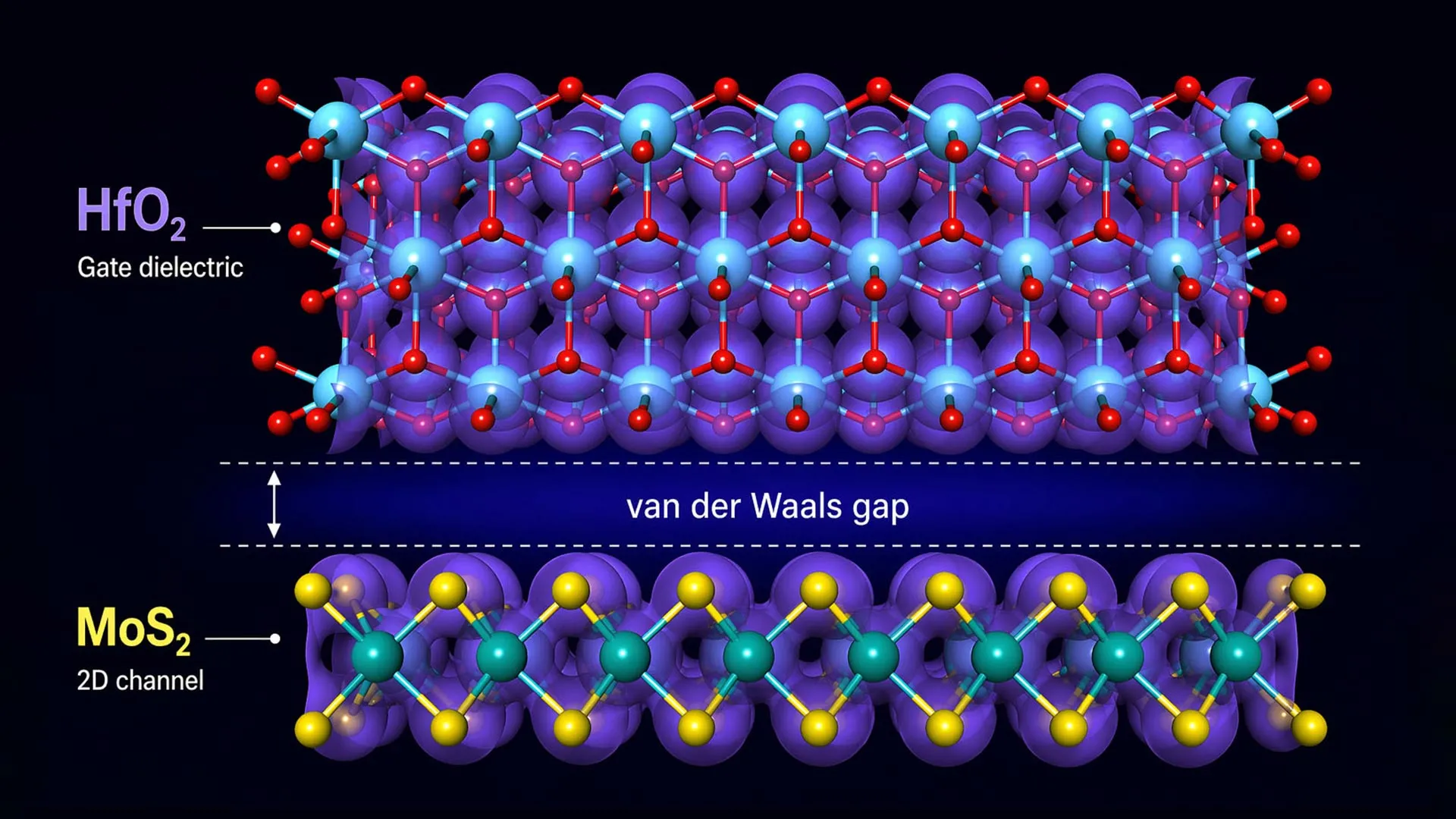 Schematic of a 2D conductor and dielectric layer showing the van der Waals gap that undermines chip performance