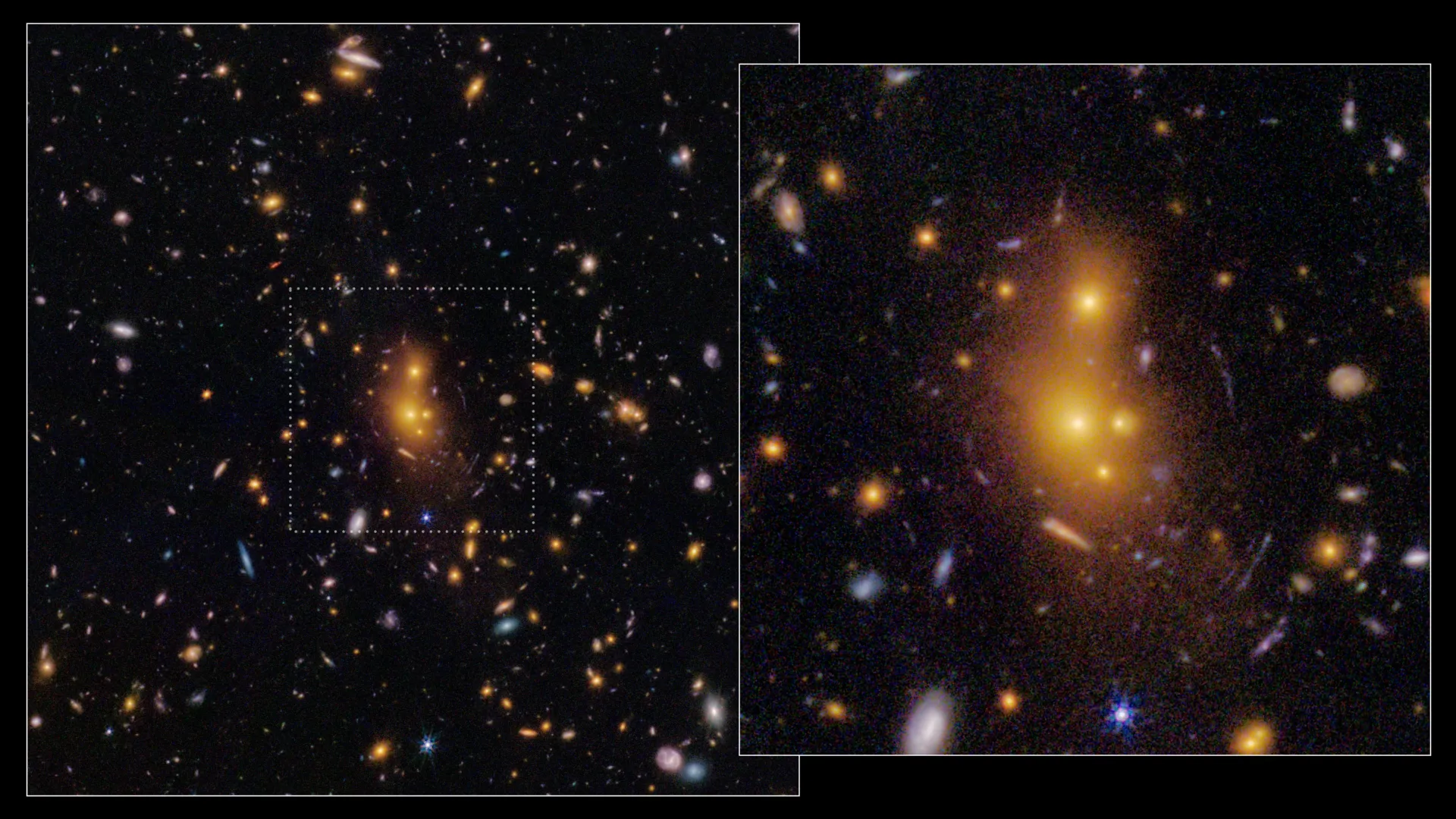 Image of the galaxy cluster XLSSC-122, showing the dense concentration of dark matter identified by JWST.