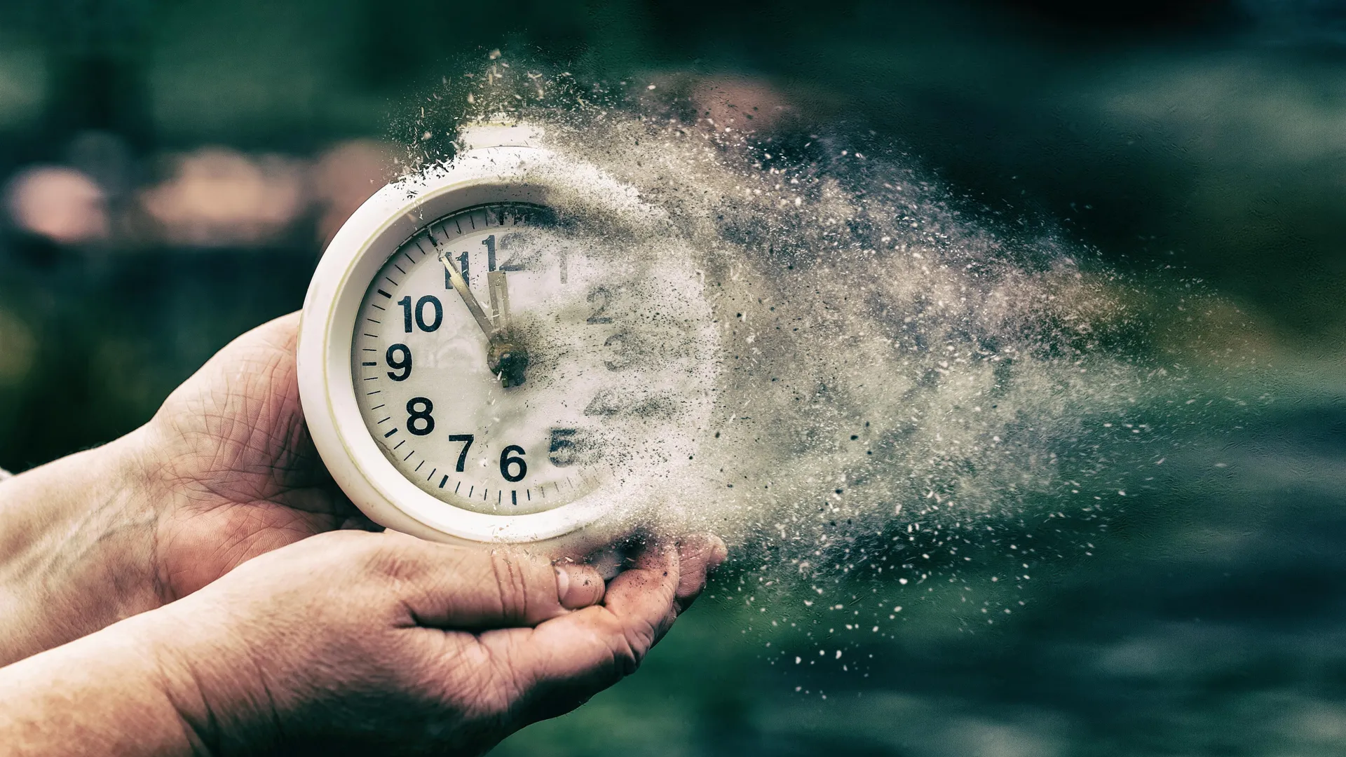 A disintegrating retro alarm clock symbolizing circadian rhythm disruption