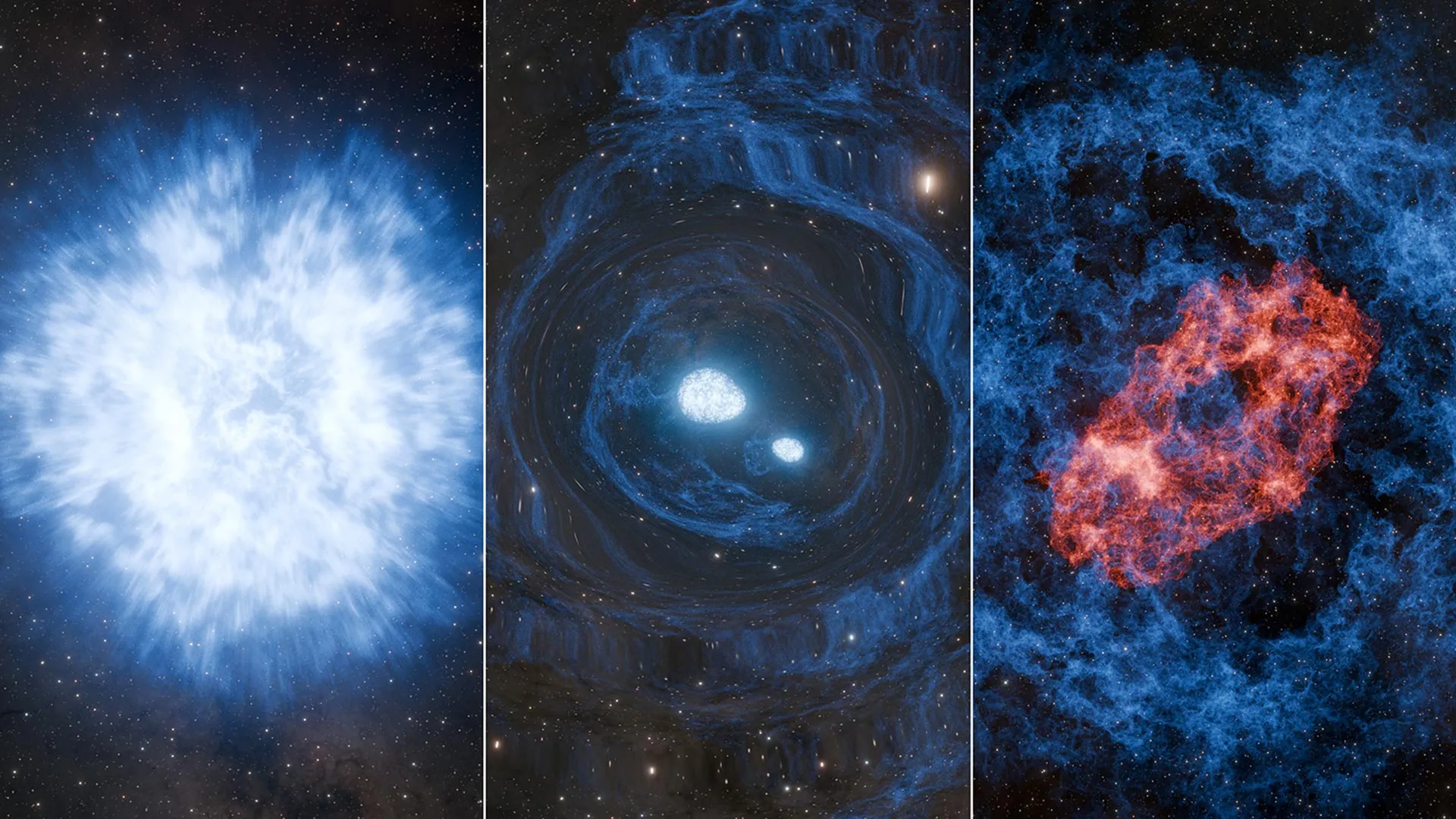 Artist depiction of a double cosmic explosion — a mysterious fast-fading red glow detected after gravitational waves