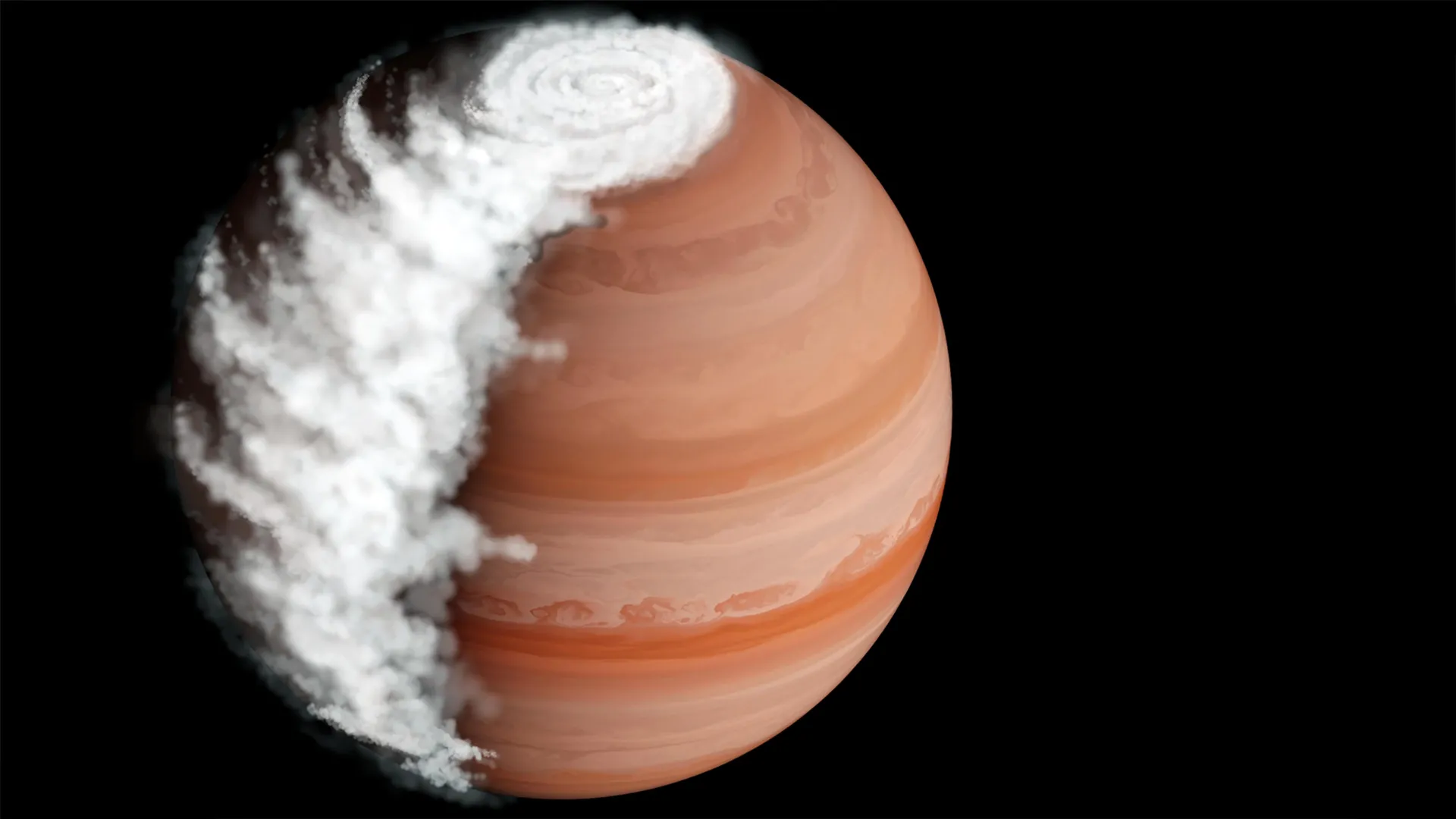 Artistic rendering of the exoplanet WASP-94A b showing mineral cloud formation