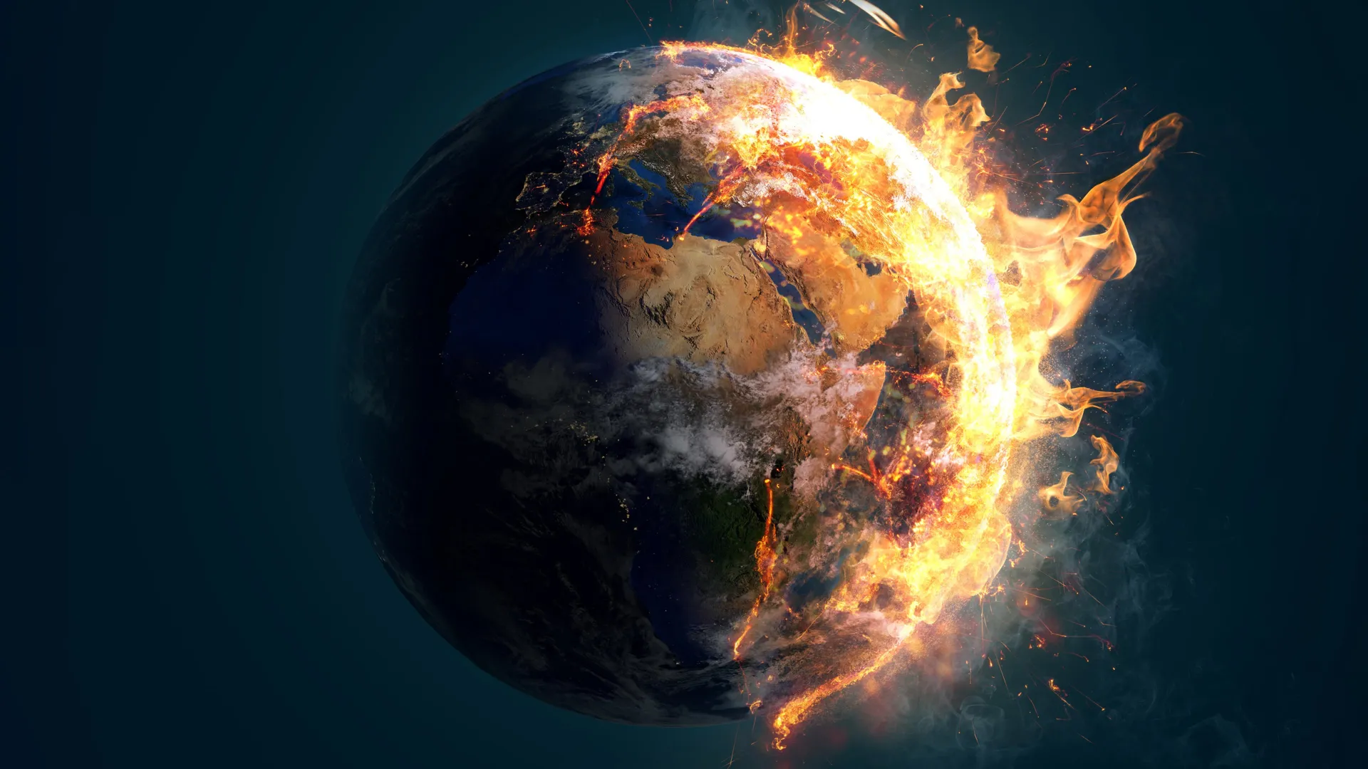 Global warming visualization showing Earth engulfed in flames, illustrating the accelerating temperature trend