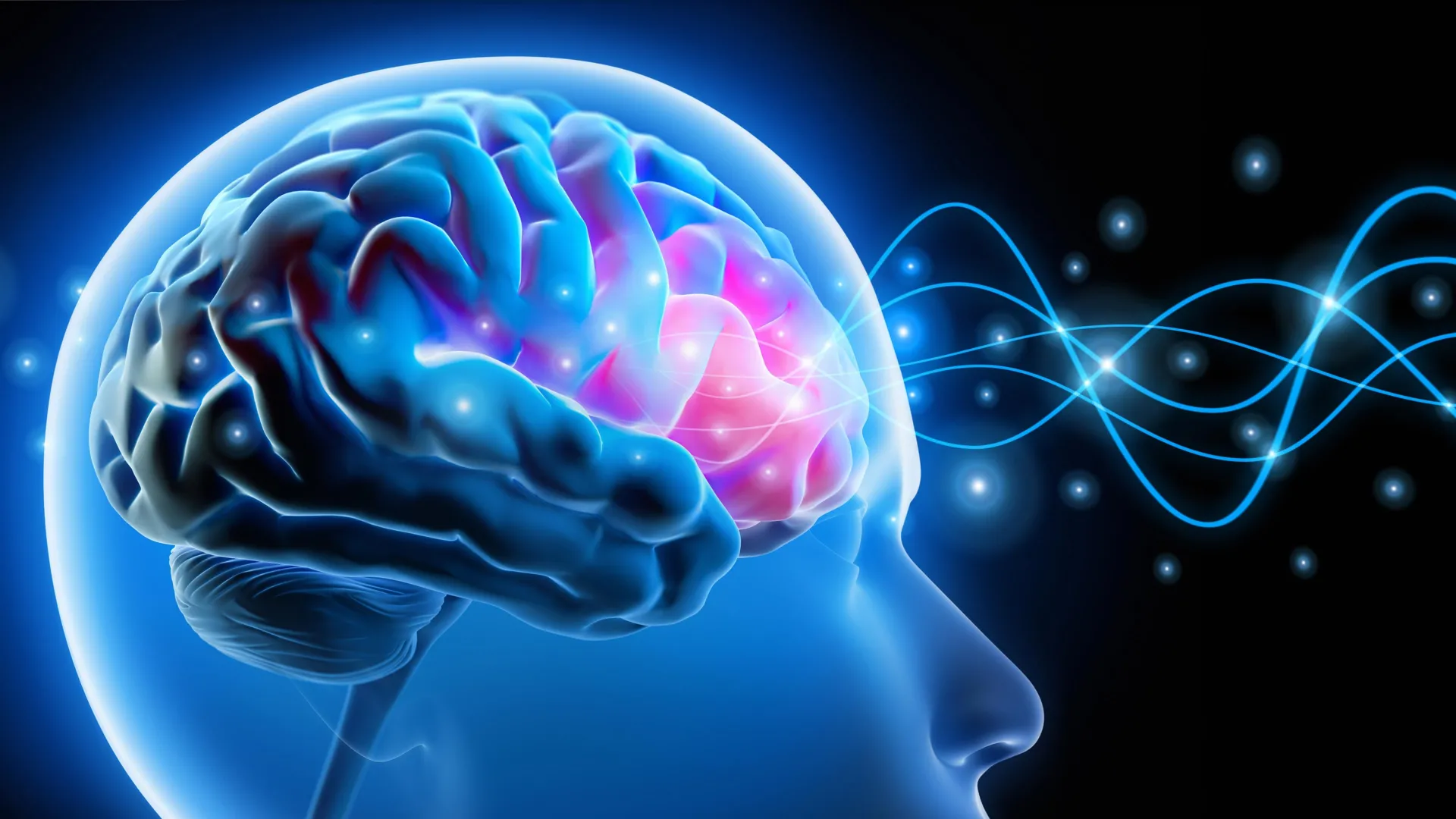 Head and brain waves showing neural activity signals