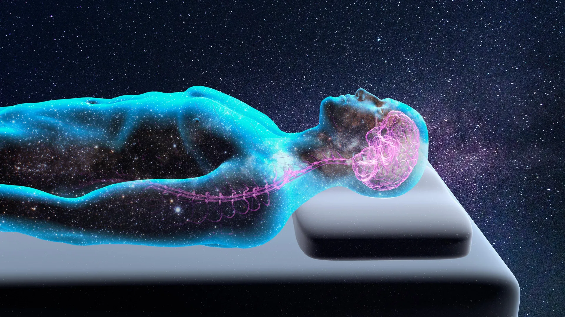 Person sleeping peacefully with visualization of healthy sleep stages