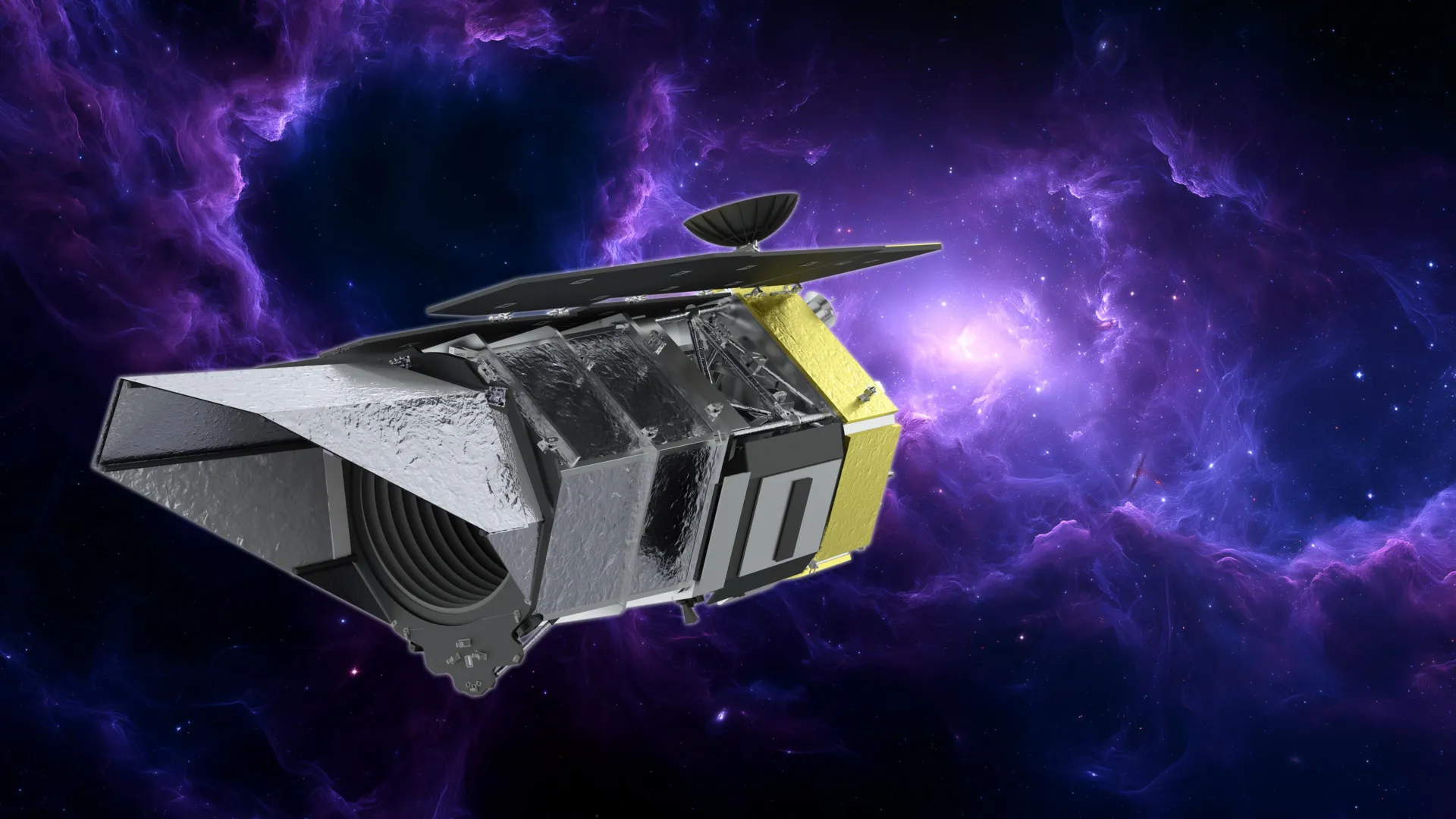 Artist's rendering of the Nancy Grace Roman Space Telescope observing the cosmos