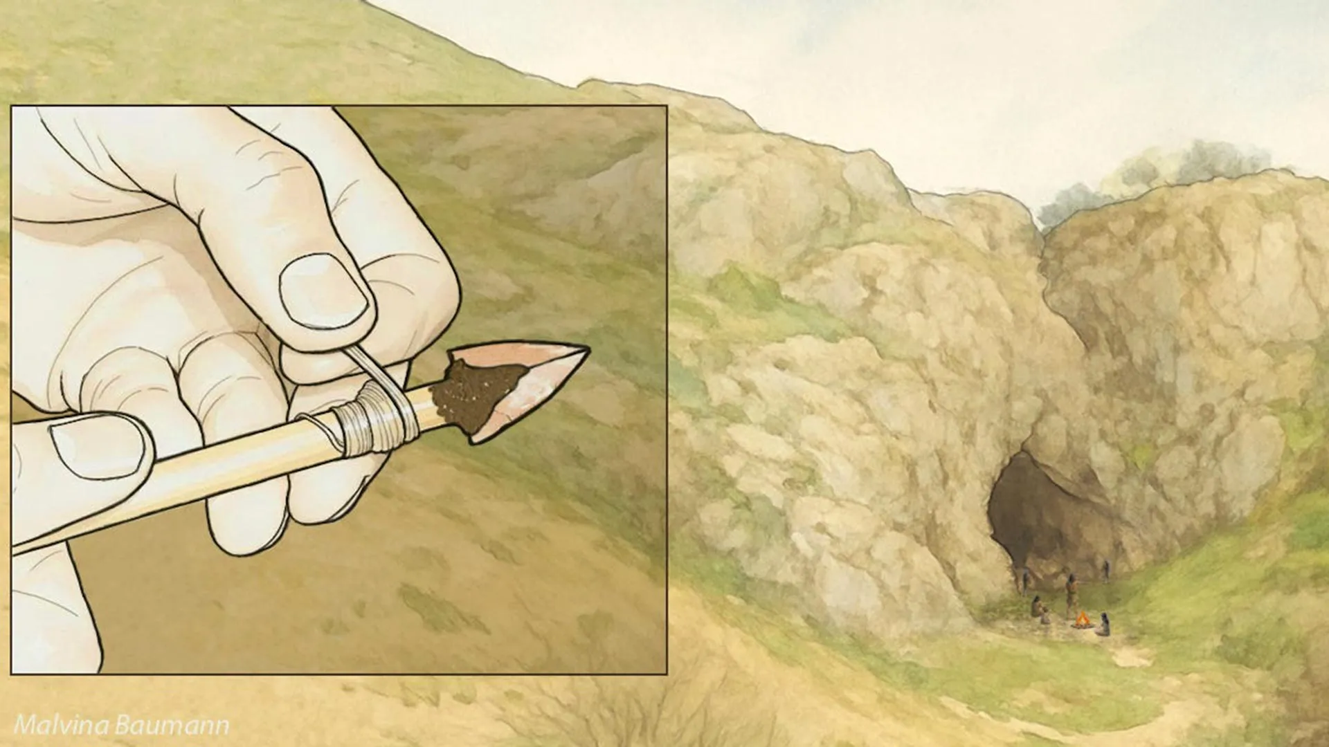 Reconstruction or photo of the Obi-Rakhmat rock shelter