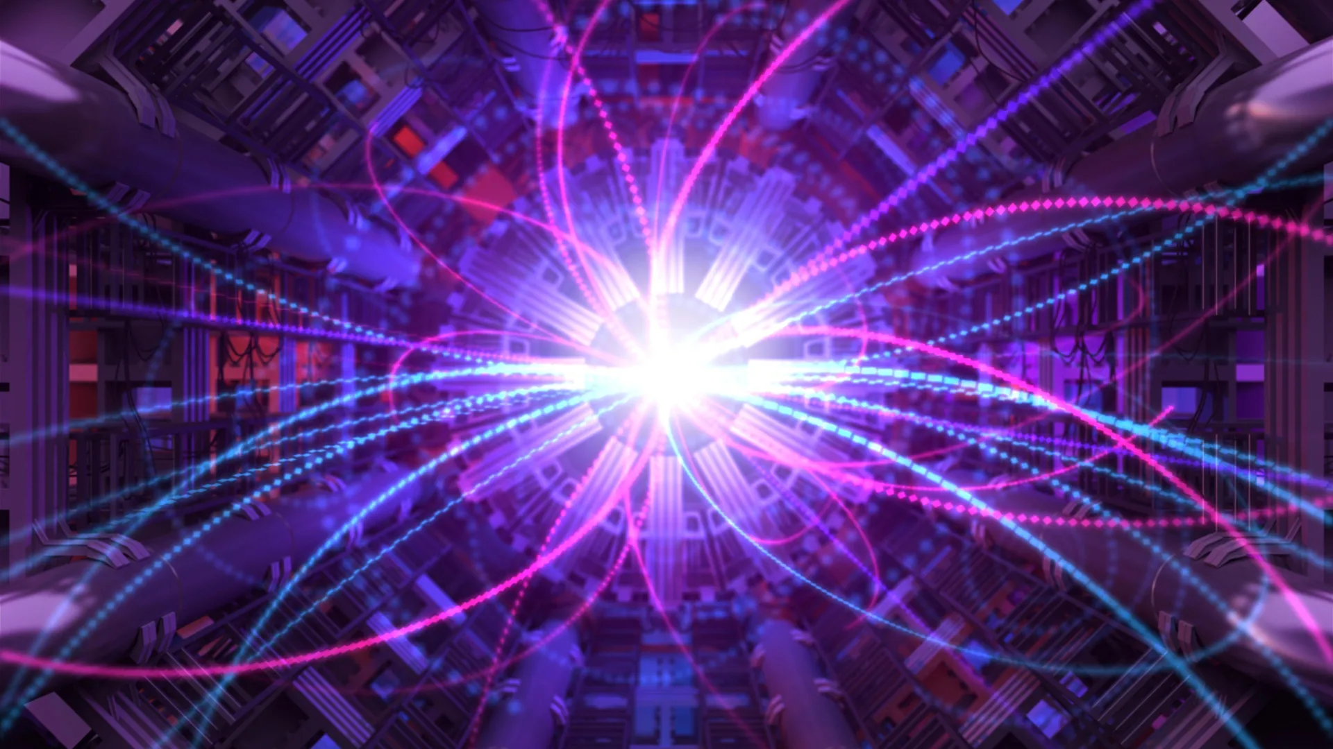 Particle collision visualization showing rare decay event patterns in the LHC detector