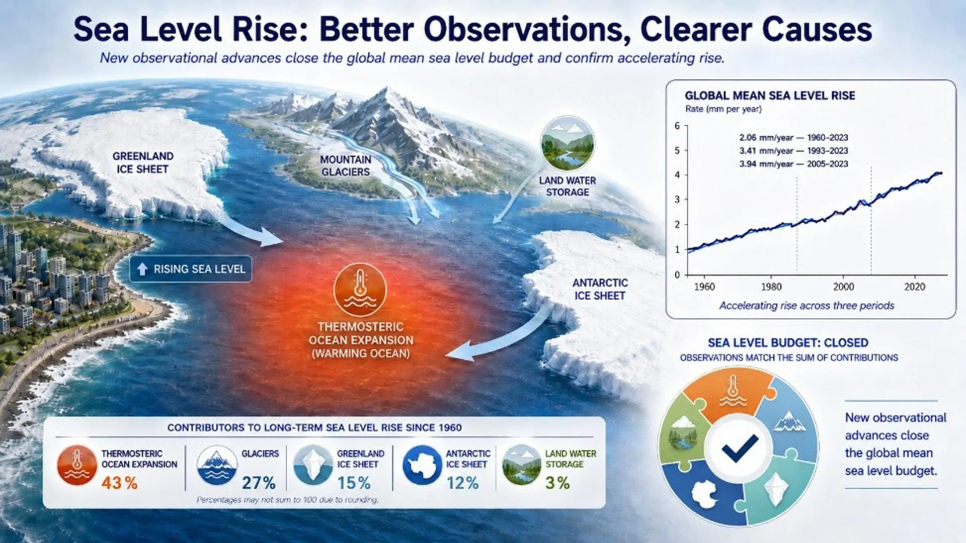 Infographic showing sea level rise contributors and acceleration trends