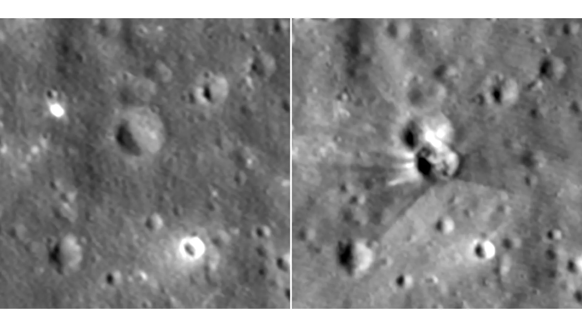 Before and after comparison of the Moon's surface showing the new impact crater