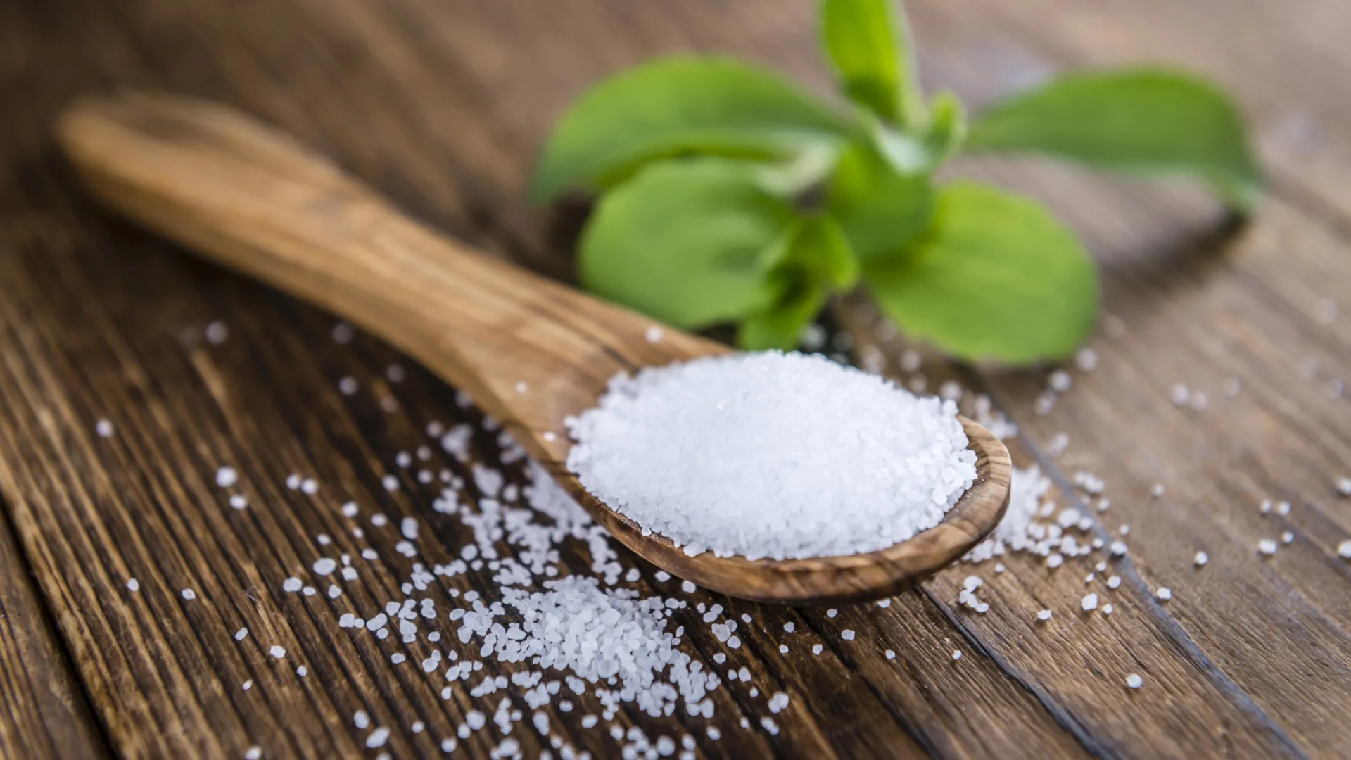 Stevia natural sweetener on wooden spoon