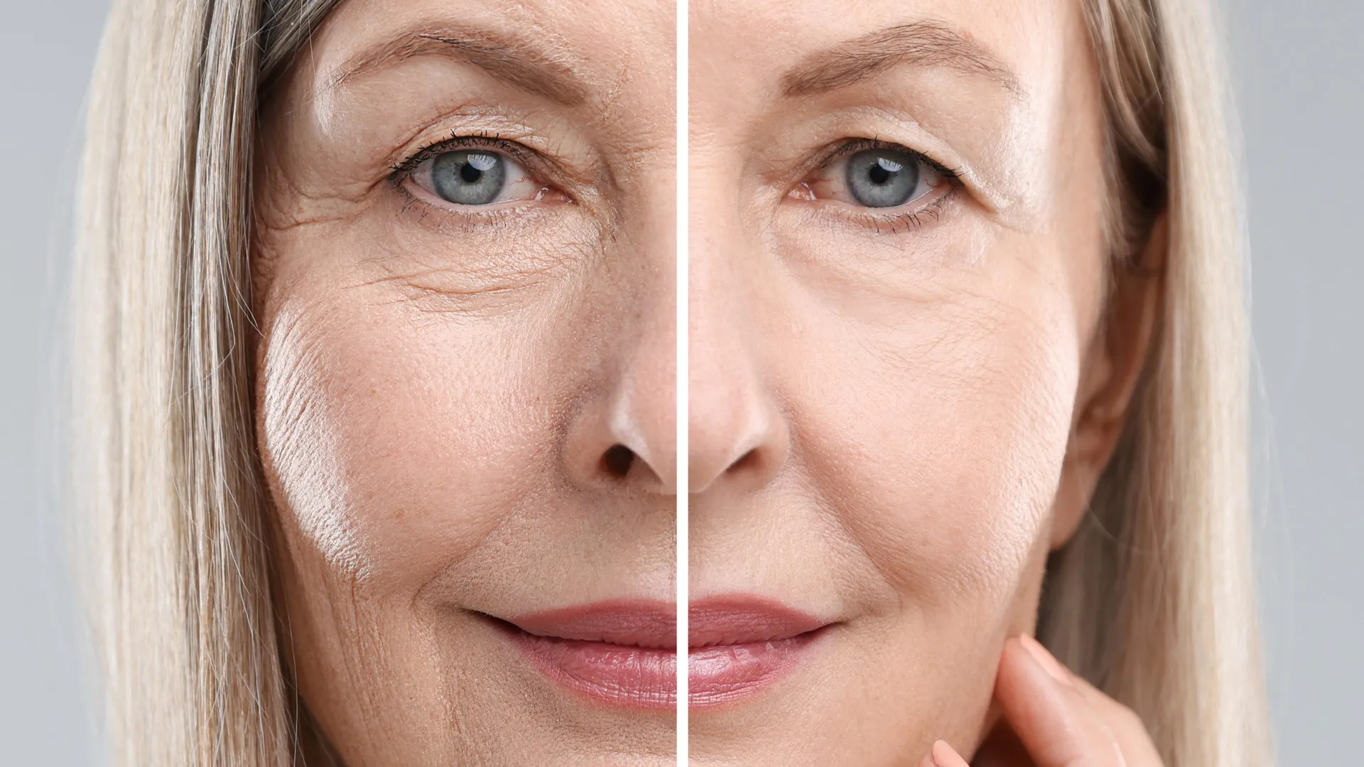 Close-up of a woman's face, representing anti-aging beauty and biological age research