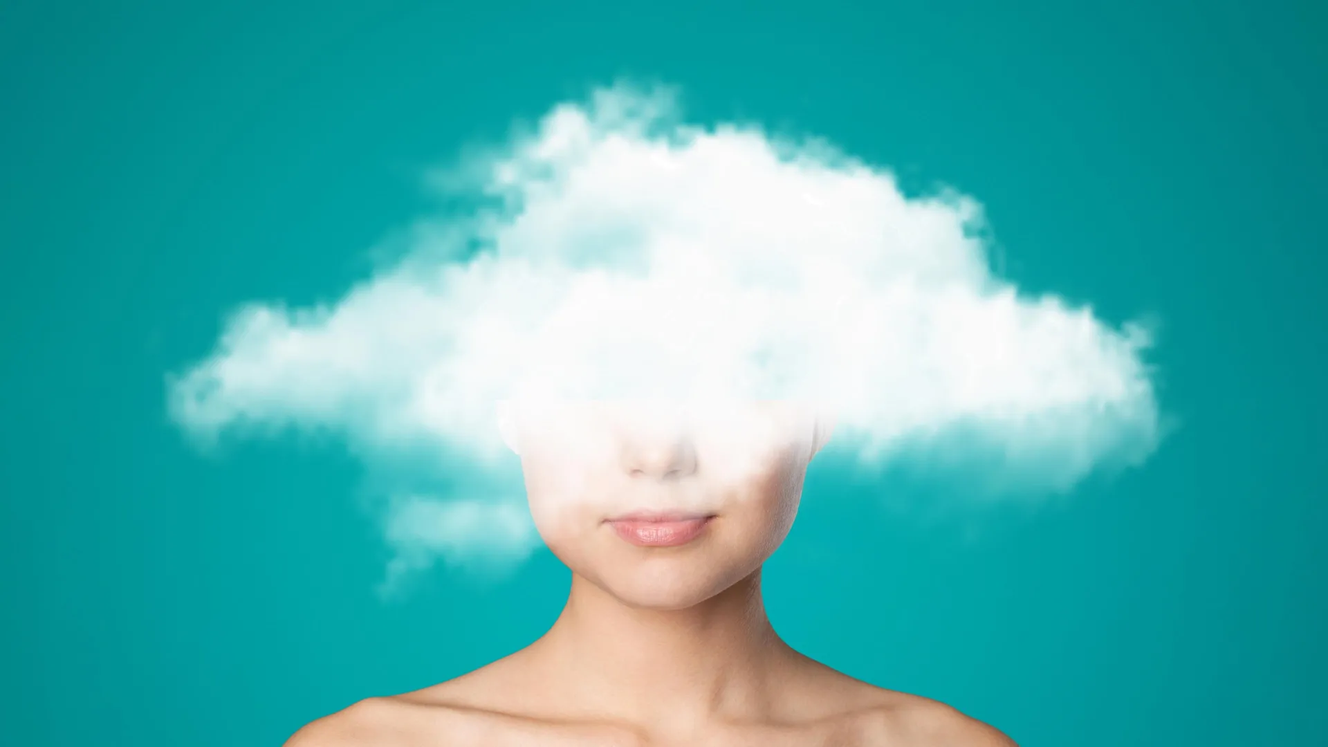 A woman holding her head with a cloud illustration symbolizing brain fog and cognitive difficulty