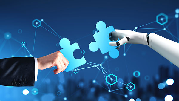 Illustration of collaboration and AI in supply-chain work