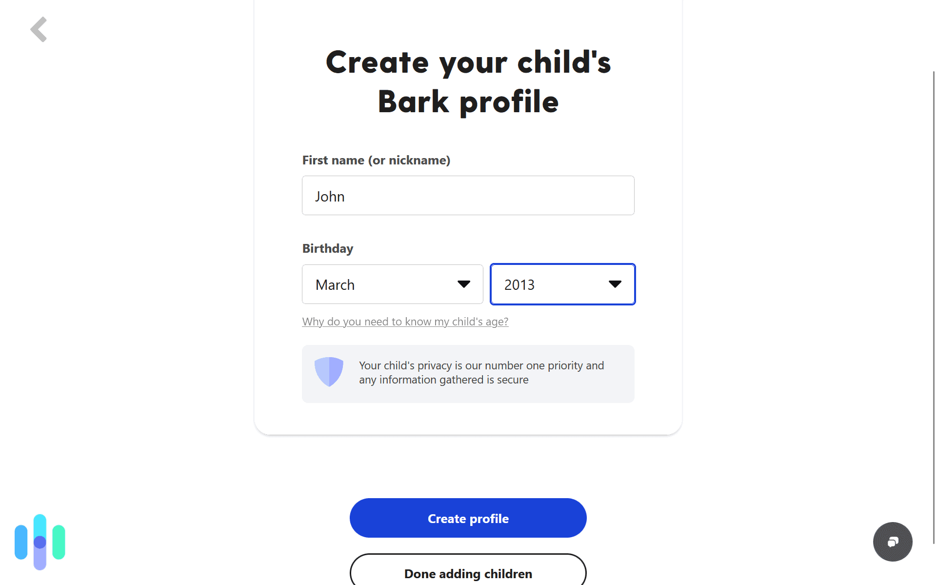 Bark parental control interface showing age-based monitoring