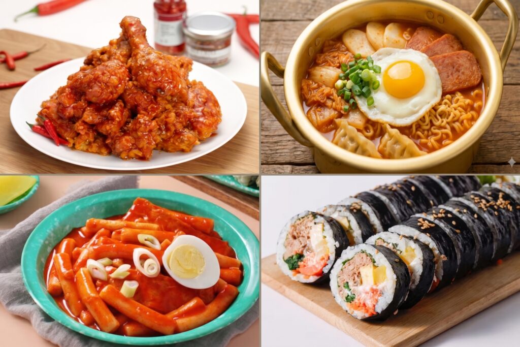 Illustration of K-food global market growth driven by ramyeon, kimbap, tteokbokki and K-BBQ