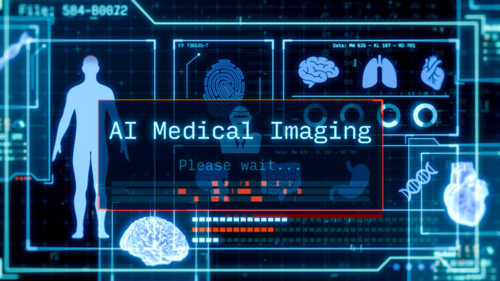 Radiologists using AI diagnostic tools at workstations