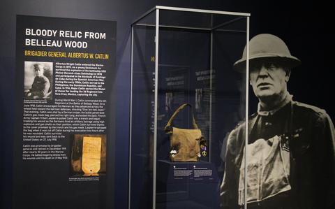 Brigade general's WWI gas mask carrier on display at the National Museum of the Marine Corps