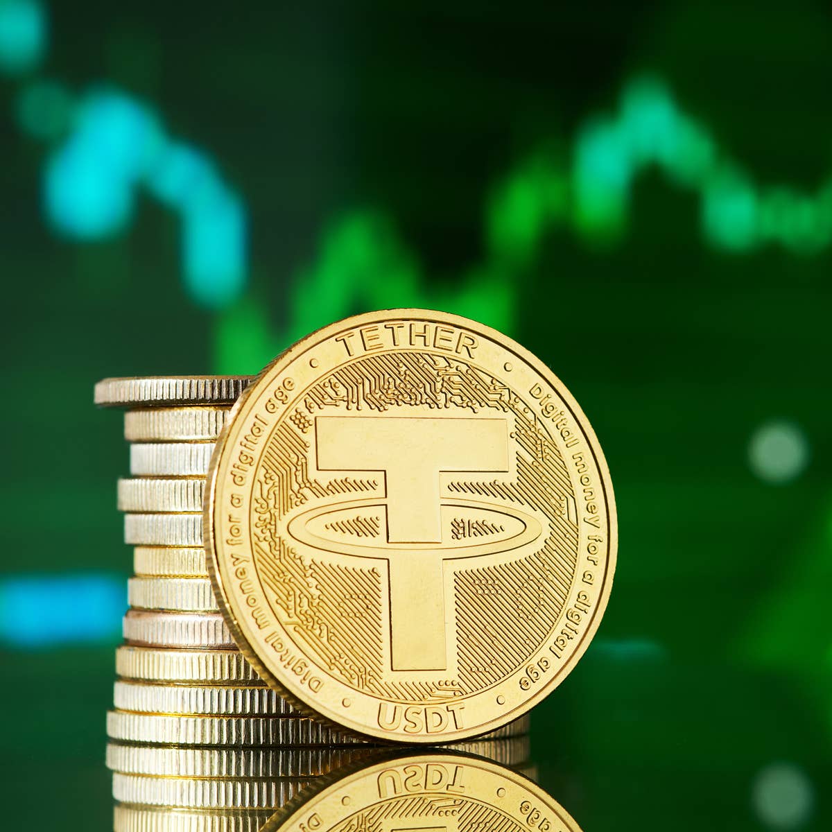 Pile of Tether USDT coins — liquidity crisis debate