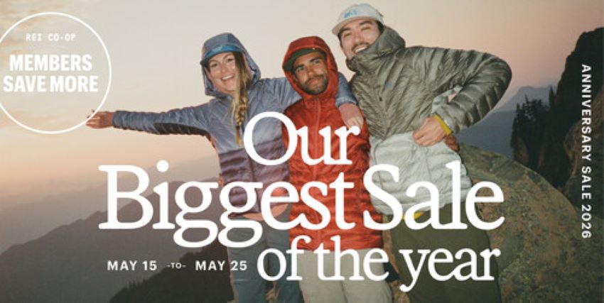 REI outdoor gear sale banner for summer 2026 adventure season