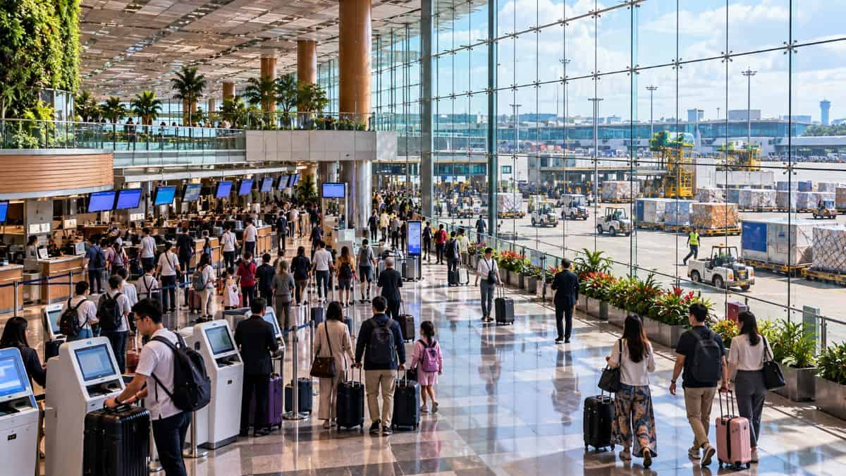 Bustling modern airport terminal