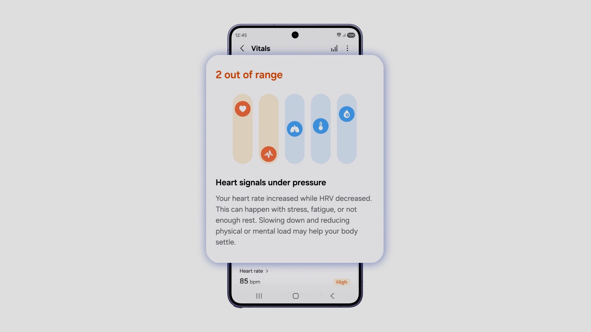 Samsung Galaxy Watch Health platform interface showing new Vitals and Fitness Index features