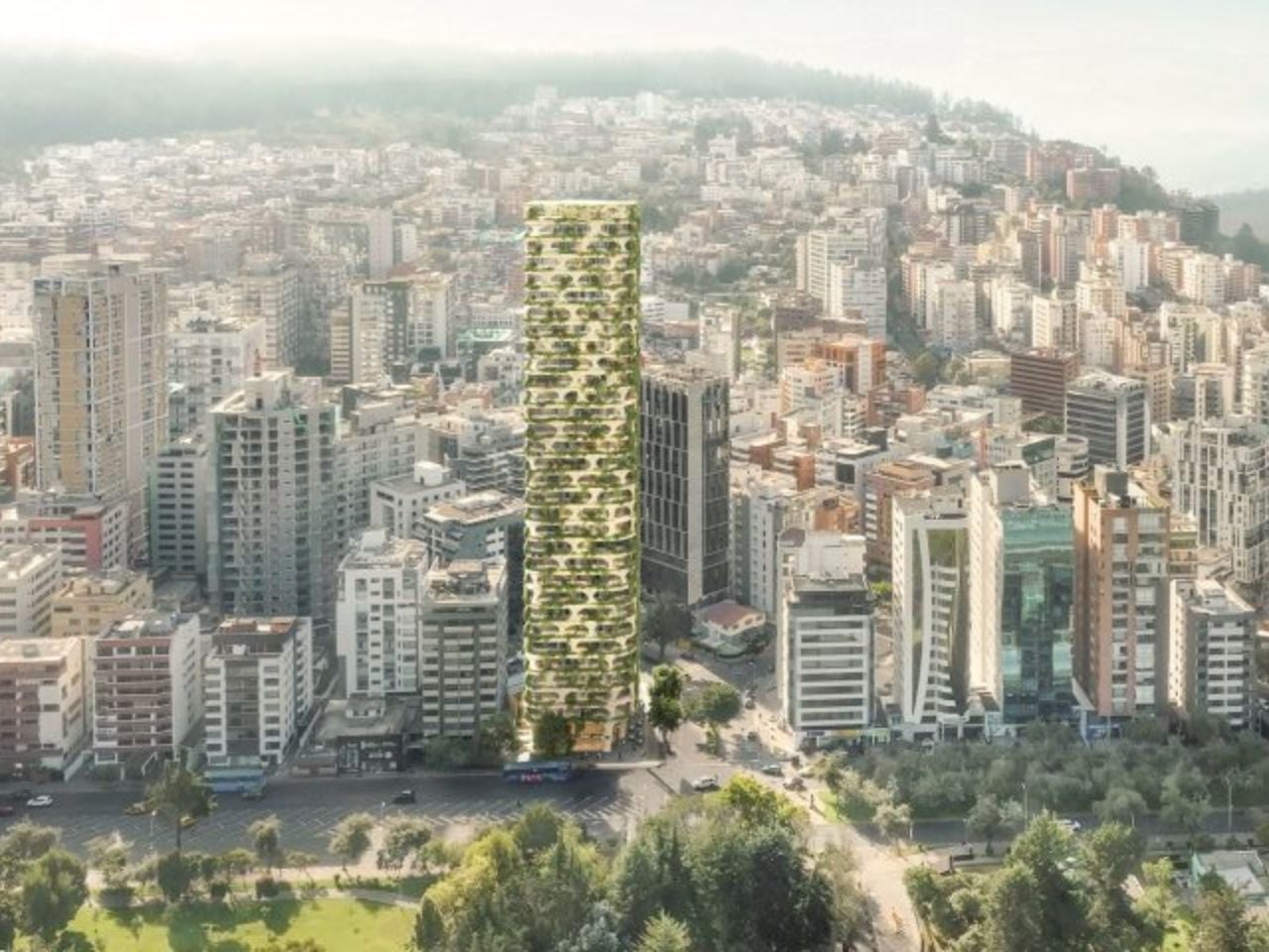 Qapital Tower by Kengo Kuma and Associates for Quito, Ecuador — carved facade with planted terraces